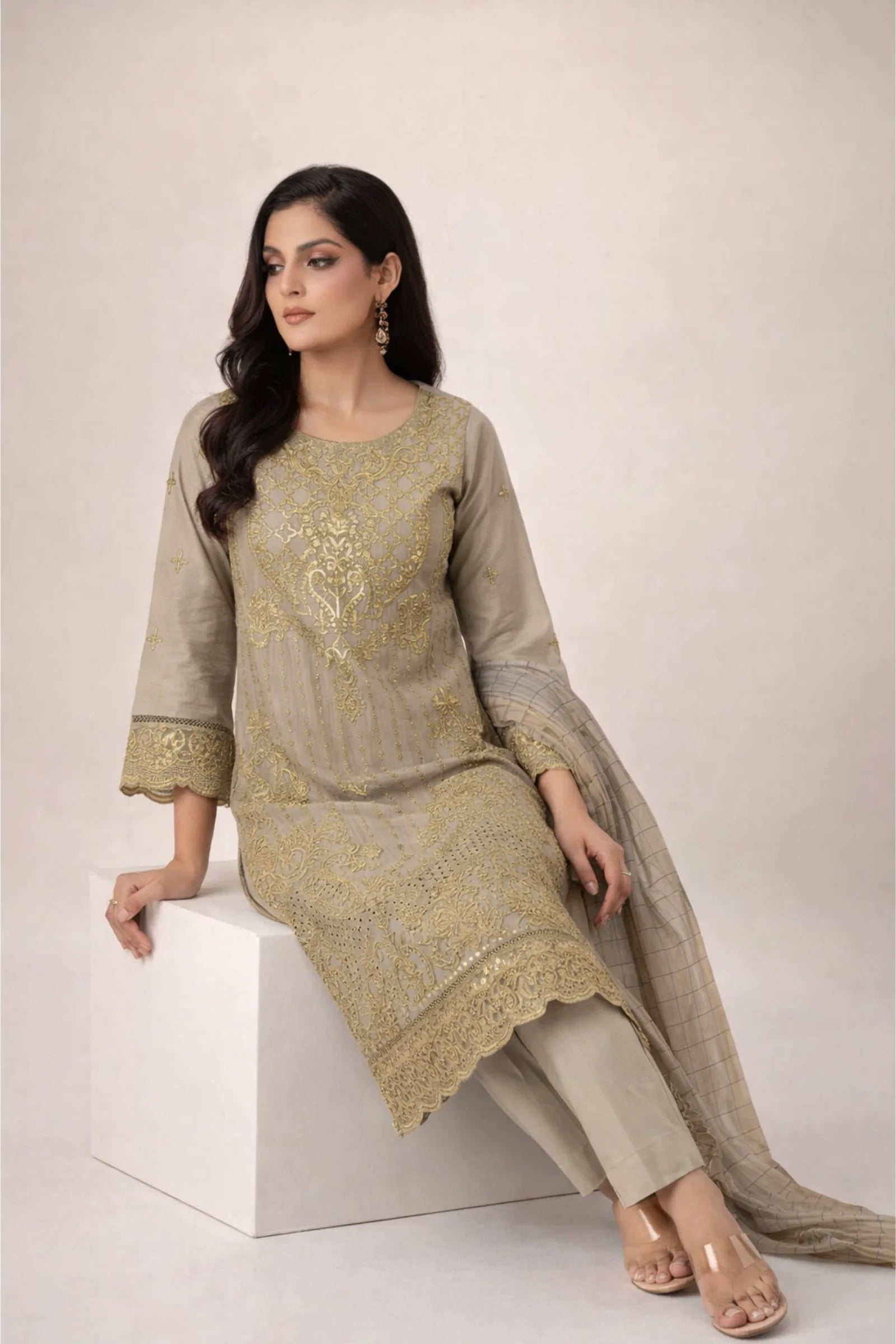 3-Piece Stitched Gold Zari & Embroidered Doria Lawn