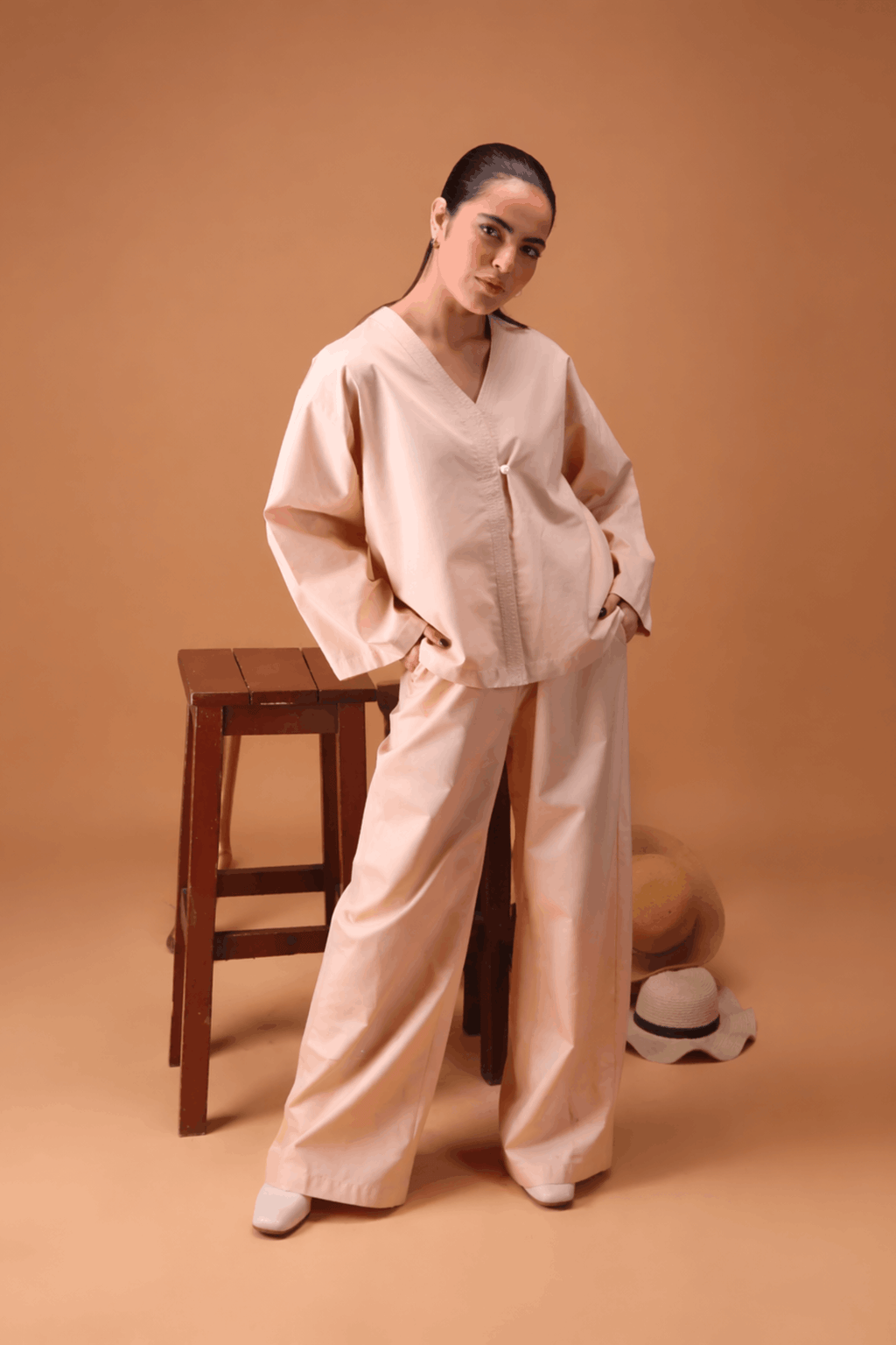 Almond beige Pure Cotton Cambric Co-ord Set Summer Solids