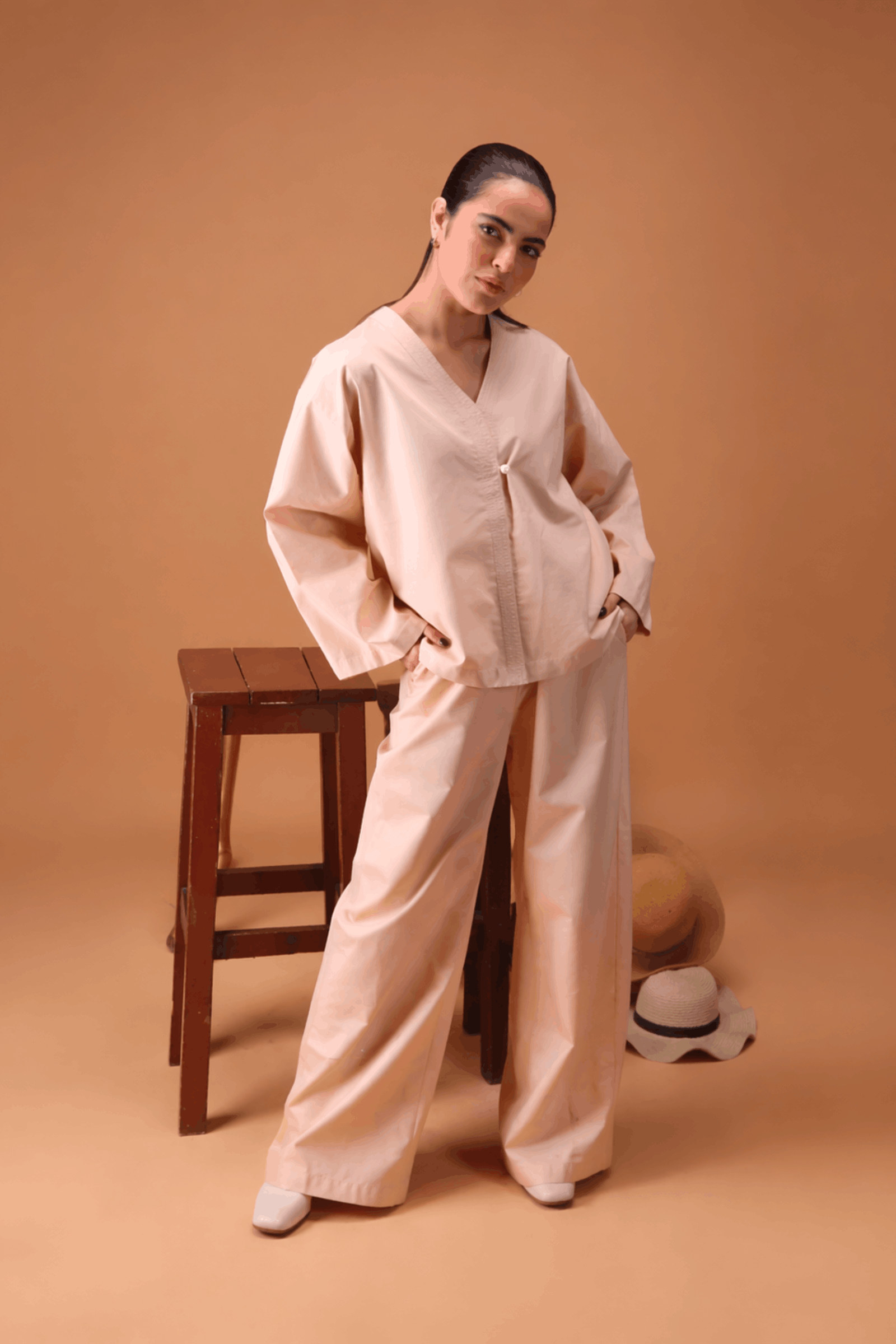 Almond beige Pure Cotton Cambric Co-ord Set Summer Solids