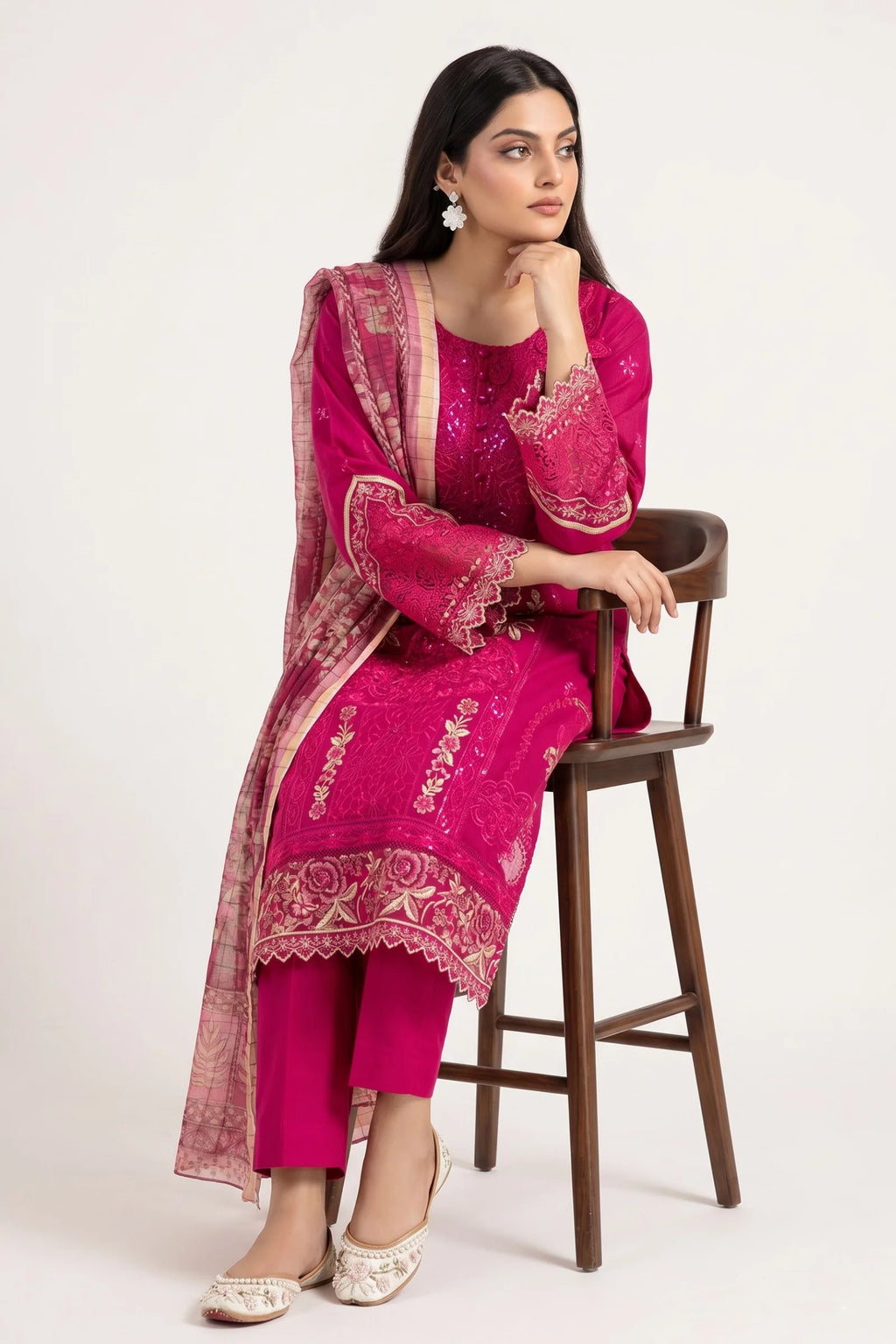 3-Piece Stitched Gold Zari & Sequin Embroidered Doria Lawn