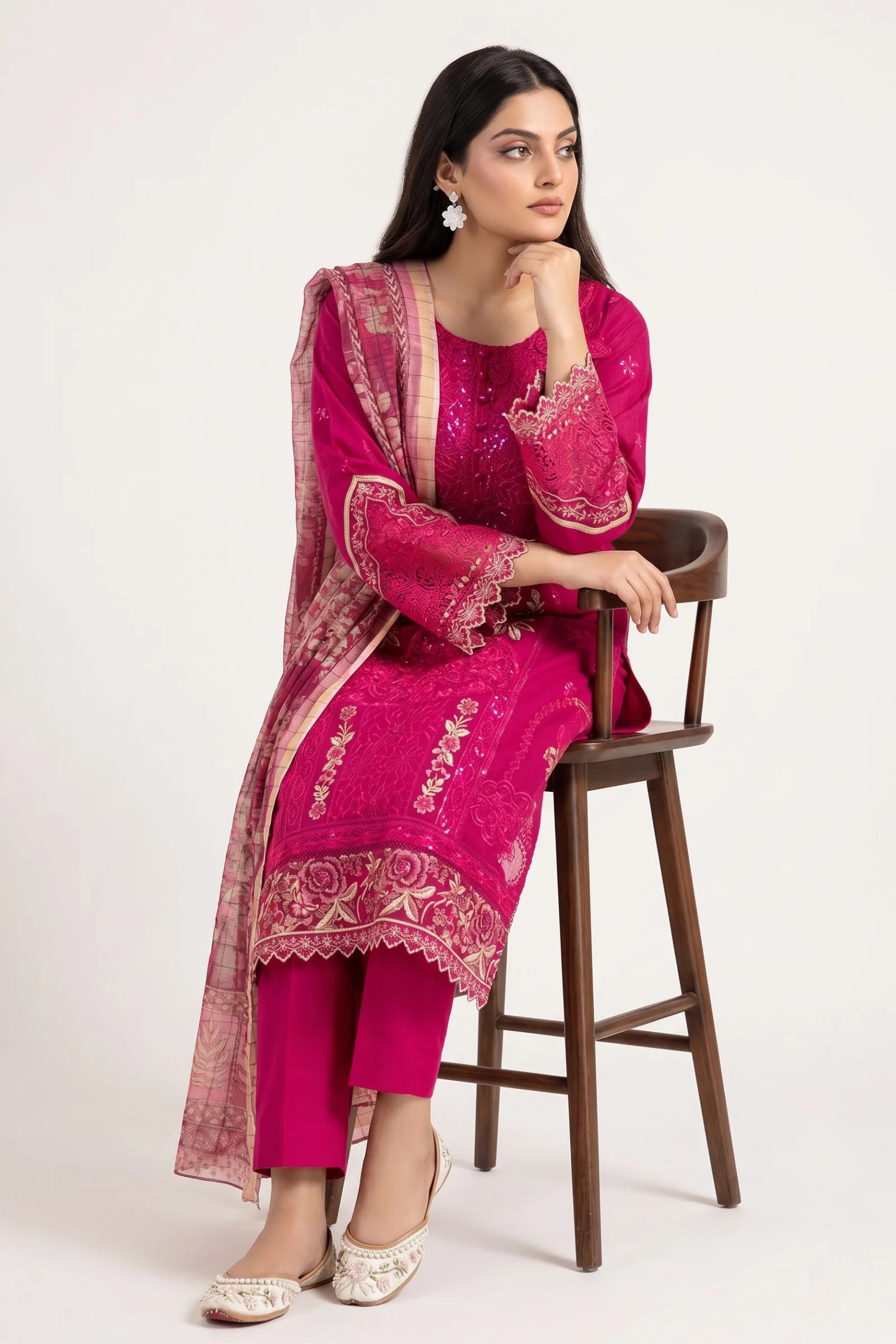 3-Piece Stitched Gold Zari & Sequin Embroidered Doria Lawn