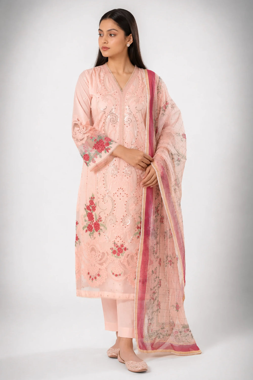 3-Piece Suit Stitched Floral Rose Embroidered Doria Lawn