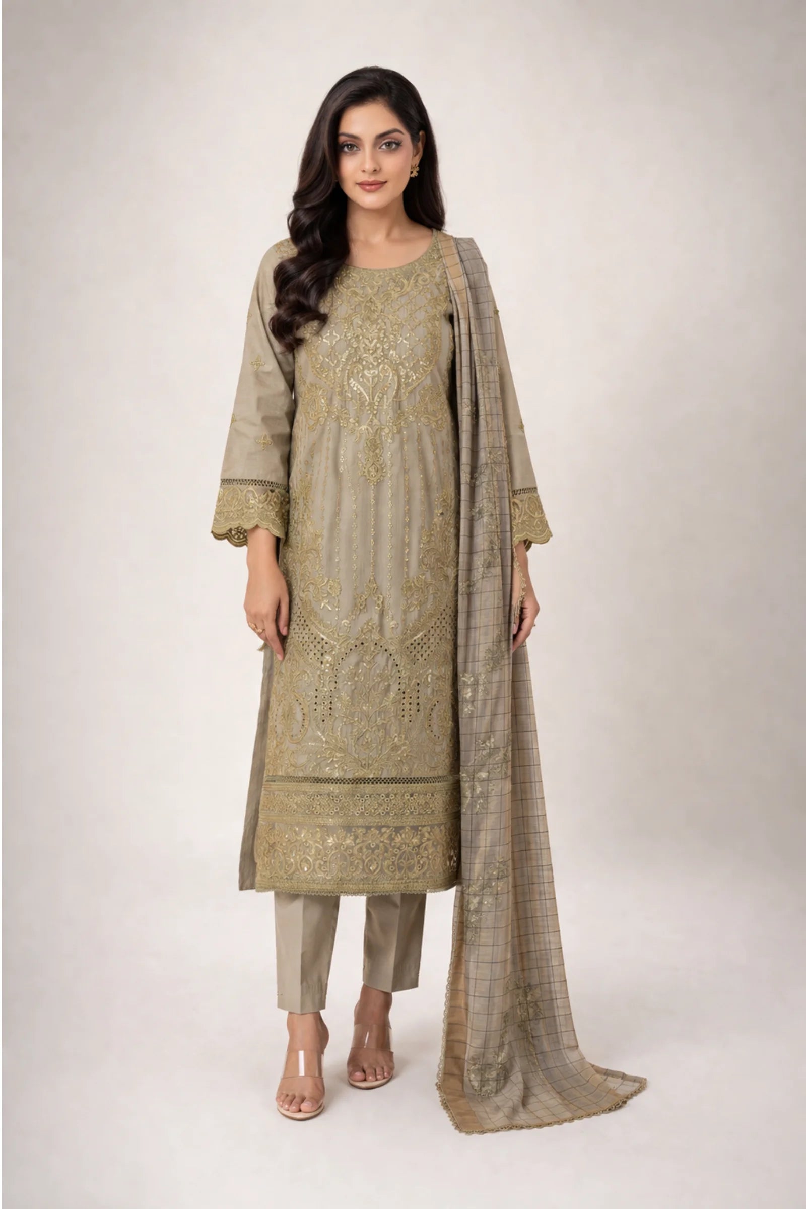 3-Piece Stitched Gold Zari & Embroidered Doria Lawn