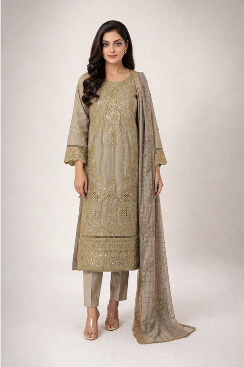3-Piece Stitched Gold Zari & Embroidered Doria Lawn