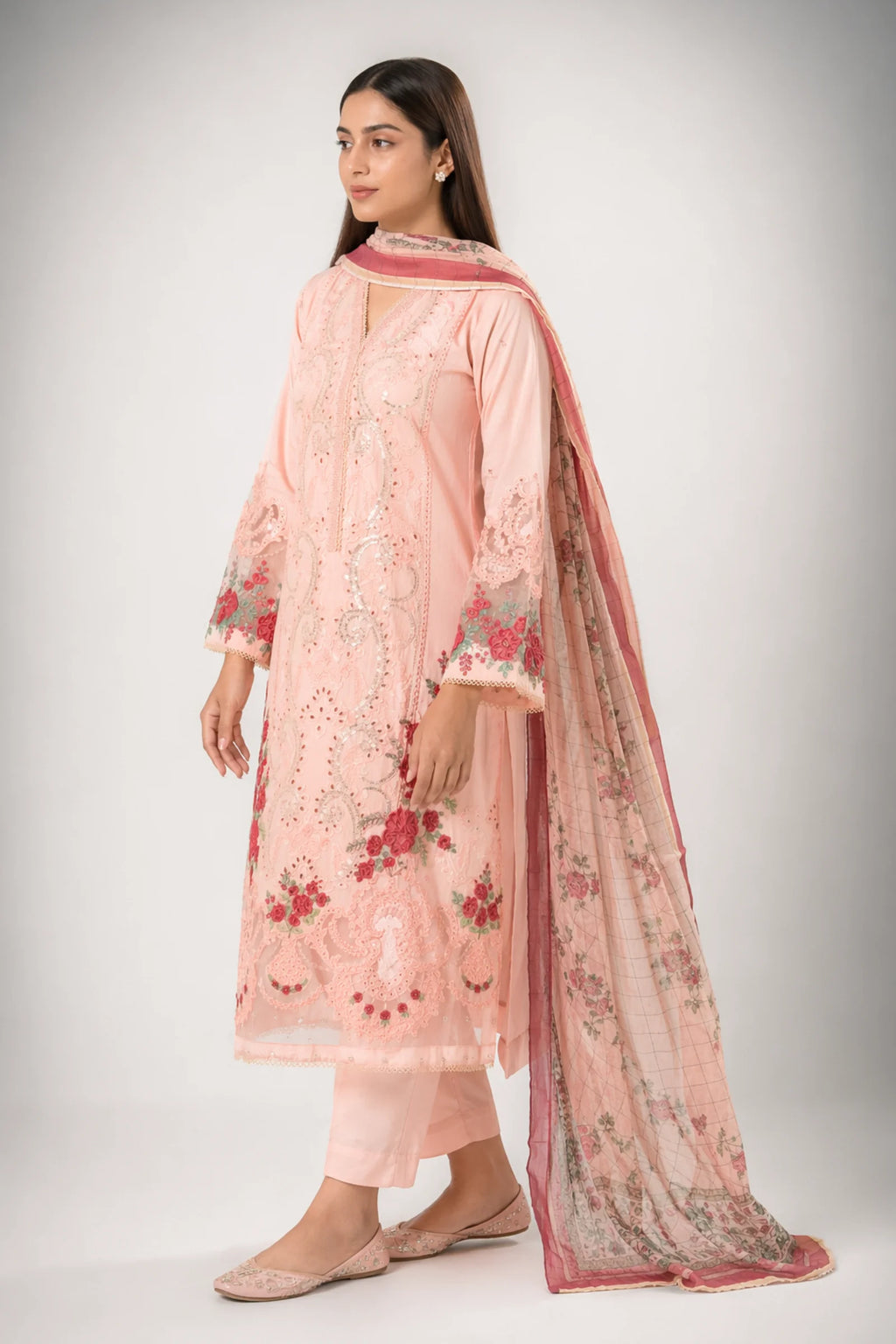 3-Piece Suit Stitched Floral Rose Embroidered Doria Lawn