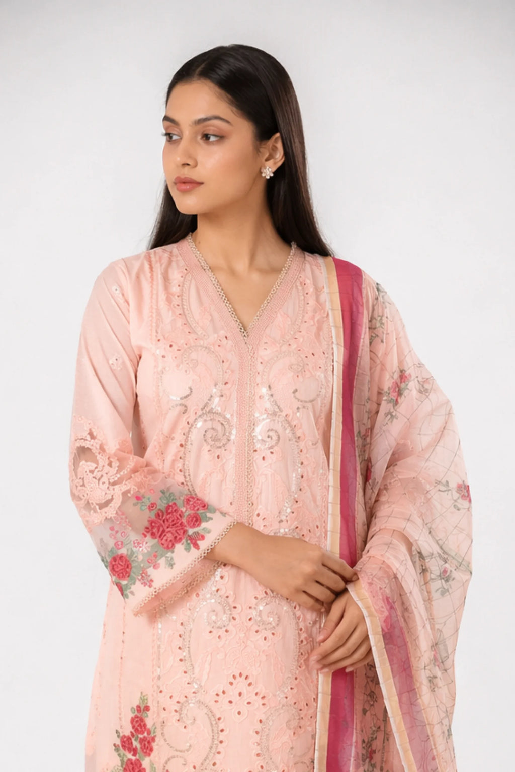 3-Piece Suit Stitched Floral Rose Embroidered Doria Lawn