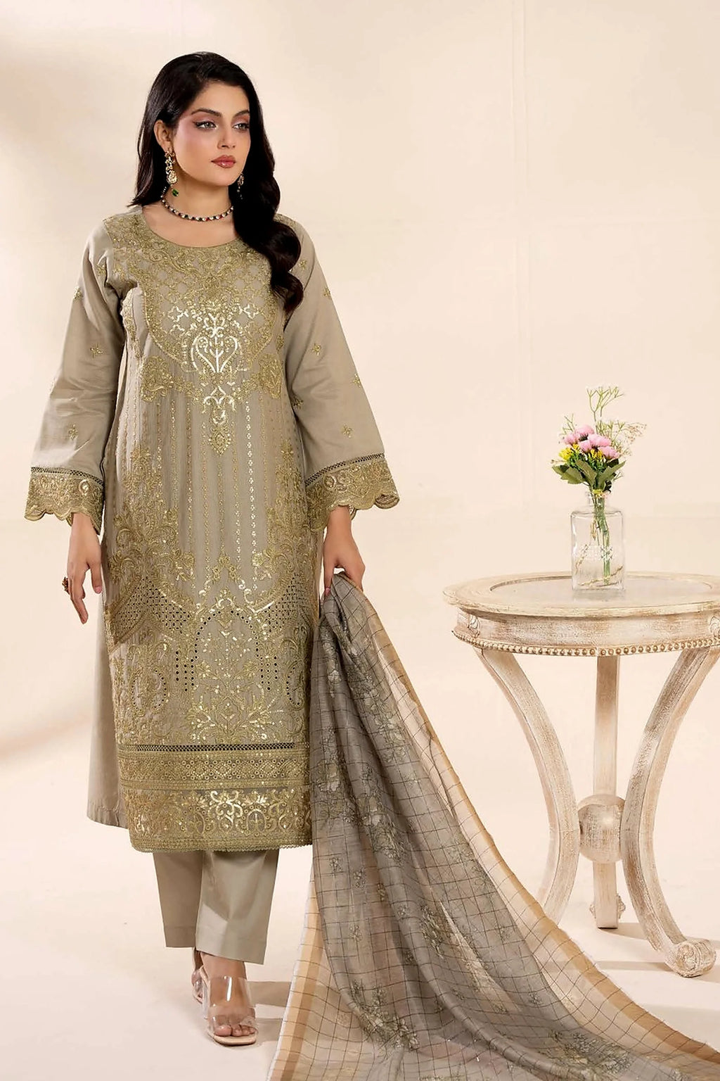 3-Piece Stitched Gold Zari & Embroidered Doria Lawn
