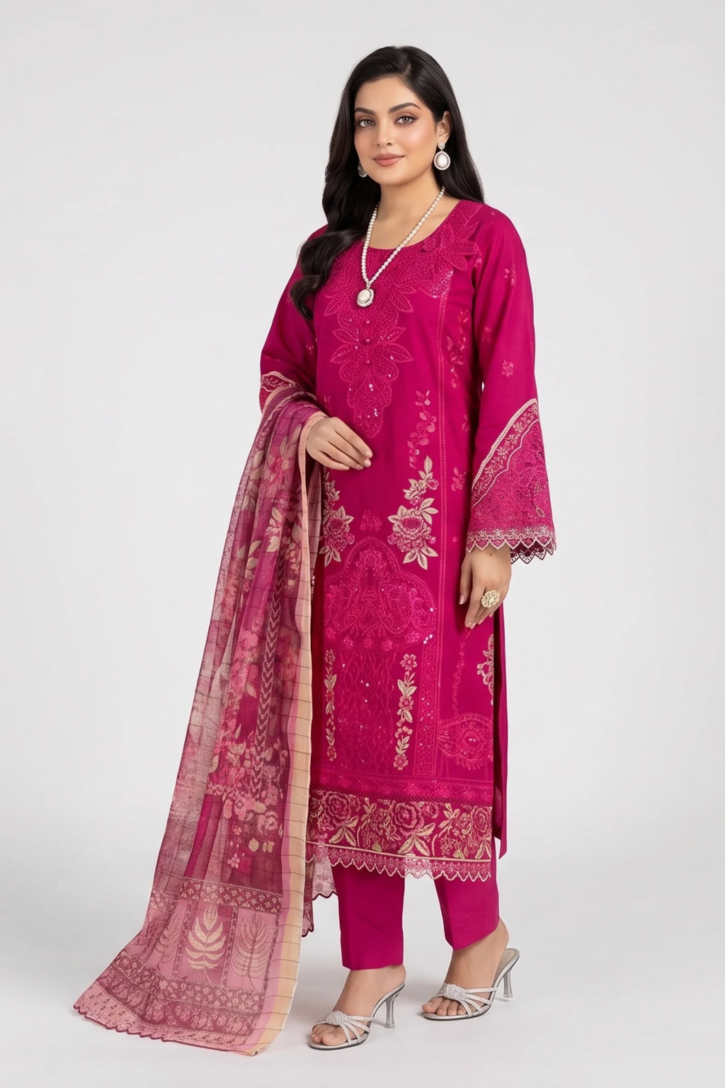 3-Piece Stitched Gold Zari & Sequin Embroidered Doria Lawn